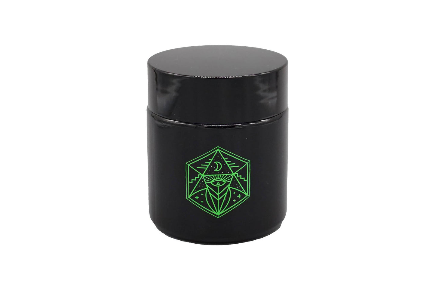Small Glass Storage Jar and Lid - Real Printed Artwork - UV Protection - Helps Keep Goods Fresh with Light Protection- Tinted Black - 100 ml - Ancient Symbol Design - Accessories By Leaf-Way Brand