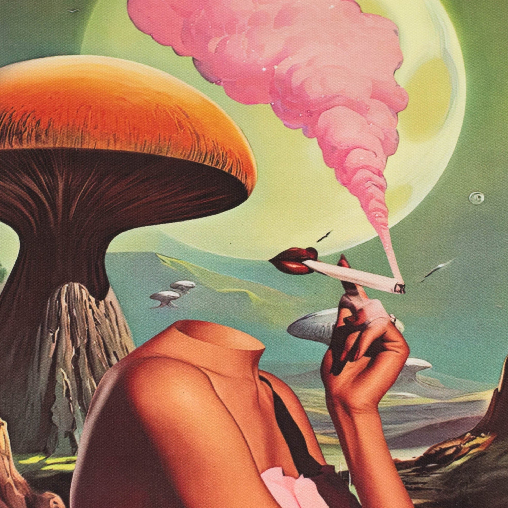 Futuristic mushroom landscape with a person smoking, against a white background