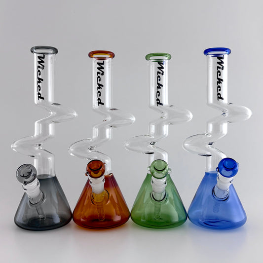 Wicked | Zig-Zag 12" 4mm 4 Colours Assorted Glass Beaker Bong