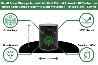 Small Glass Storage Jar and Lid - Real Printed Artwork - UV Protection - Helps Keep Goods Fresh with Light Protection- Tinted Black - 100 ml - Ancient Symbol Design - Accessories By Leaf-Way Brand
